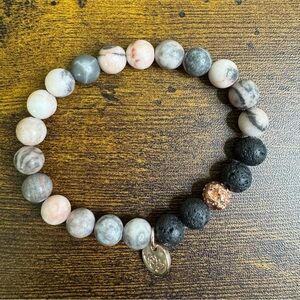 Aura Pink Zebra Jasper Stretch Bracelet with Lava Stone size 6.75